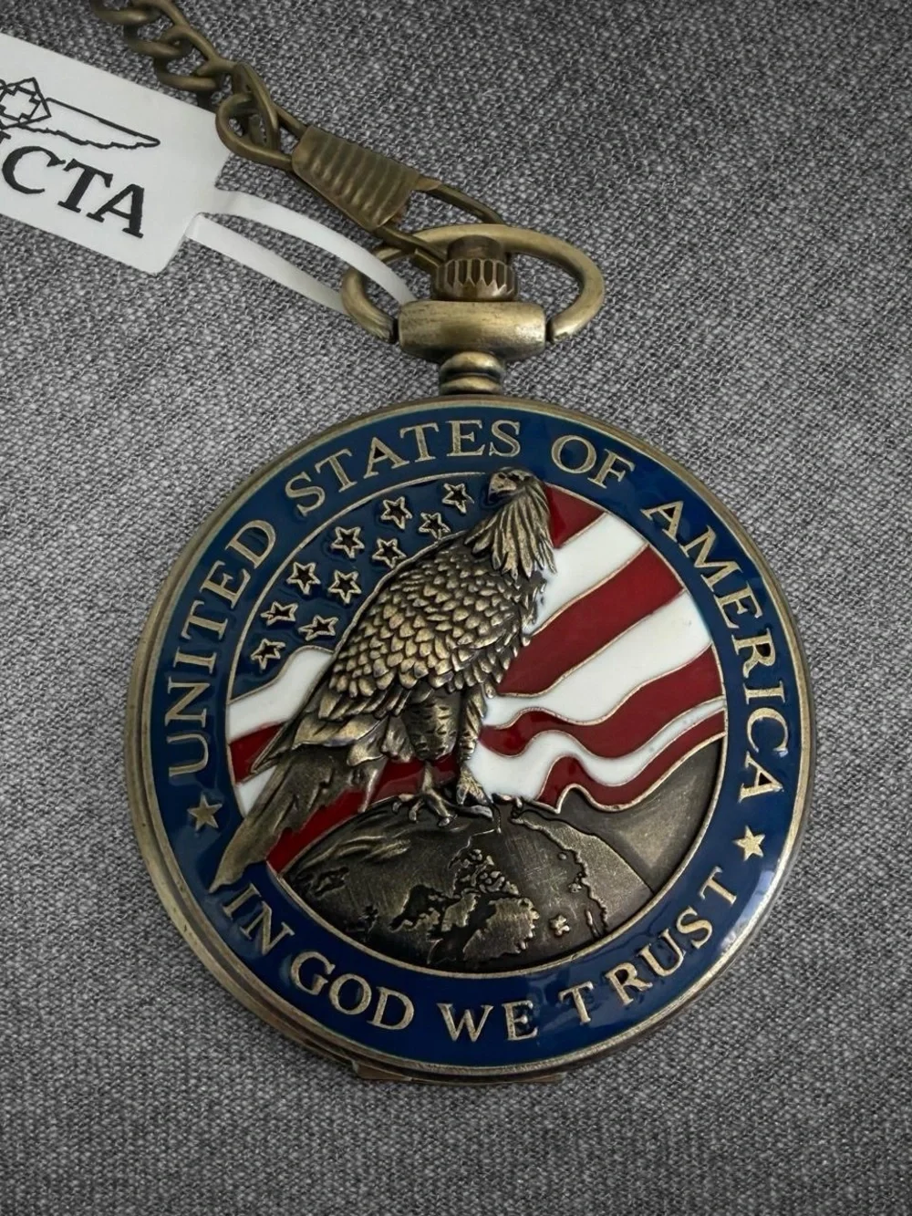 Invicta Patriotic Eagle American Flag Antique Gold Tone Pocket Watch With Chain